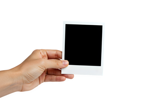 Hand holding blank photo frame, A hand holds a polaroid picture isolated on white or transparent background. PNG