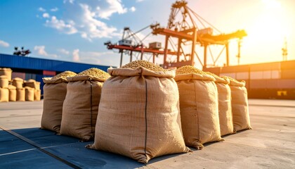 Grain sacks at a port with ready for shipping, sunset backdrop, and global trade concept.
