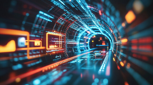 High-Speed Data Tunnel with Futuristic Interface. A dynamic visualization of a high-tech digital tunnel filled with glowing data streams, neon light trails, and holographic interface elements.
