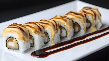 Delicious Sushi Rolls with Creamy Sauce and Soy Glaze
