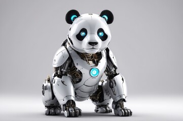 A robotic panda cub, white and metallic, sits against a neutral grey background. 