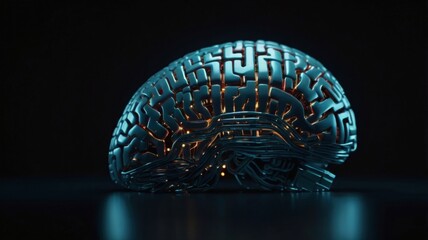 A glowing futuristic AI brain made of interconnected circuits and data nodes