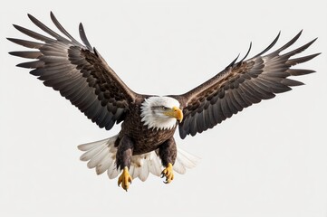 Bald eagle in flight against a plain white background. Powerful bird of prey with outstretched wings, talons extended, in mid-air descent