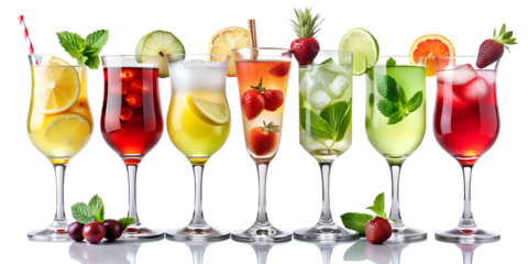 Assorted Colorful Summer Cocktails in Elegant Glasses on Transparent Background