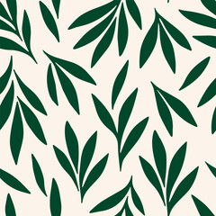 Leaves seamless pattern with flowing light leaf shapes on a green background. Monochrome hand-drawn painting plant illustration. Abstract nature botanical endless background.