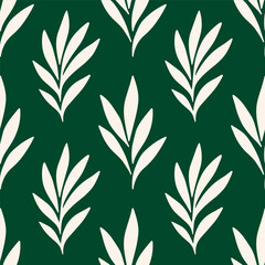 Leaves seamless pattern with flowing green leaf shapes on a light background. Monochrome hand-drawn painting plant illustration. Abstract nature botanical endless background.