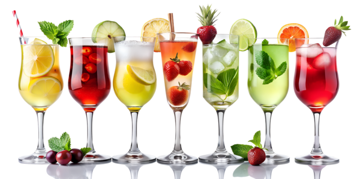 Assorted Colorful Summer Cocktails in Elegant Glasses on Transparent Background