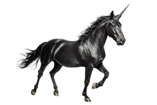 Strong black unicorn mid-step on white background
