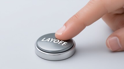 Layoff employee and unemployment concept, Button labeled "LAYOFF" being pressed by a finger.