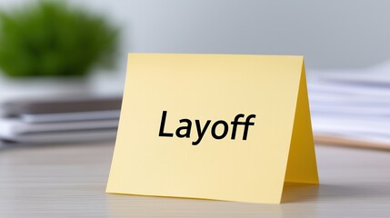Layoff employee and unemployment concept, Yellow sign displaying the word "Layoff" on a desk.