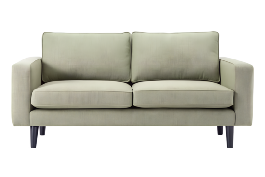 Modern two seater sofa in light green on transparent background