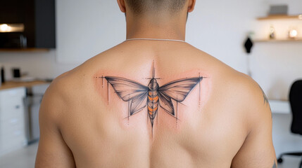 Butterfly tattoo male back realistic colorful modern detailed skin art adult creative symmetrical confident studio unique expressive body art inspiration design ink bold striking artistic