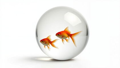 Two goldfish swimming in a clear glass ball aquarium  