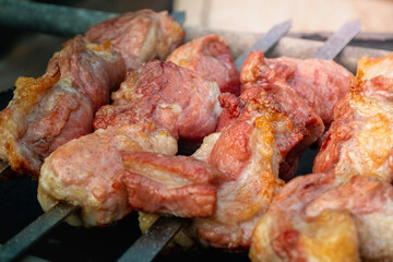 Close up grilling barbecue in the campground at summer camp travel, Skewers of pork and beef fillet on barbecue party dinner in camping, Summer Camp Travel one activity for relaxing.