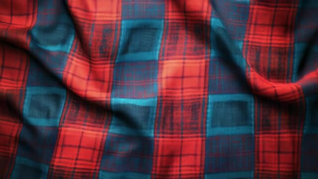 Red and blue plaid fabric forming elegant folds and waves