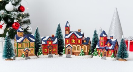 Colorful Christmas Village Decorations with Miniature Houses and Pine Trees for Holiday Decor