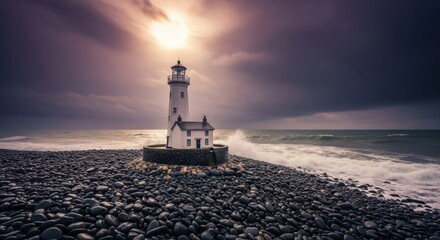Fototapeta premium Lighthouse on Rocky Shoreline Under Dramatic Cloudy Sky During Sunset
