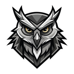 Fierce owl head is depicted in a stylized grayscale art with glowing eyes