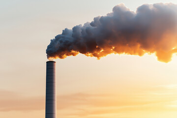 Industrial chimney smoke air pollution environmental issue hazy sky sunset climate change atmospheric emission factory. Industrial chimney emits thick smoke into hazy sunset sky highlighting air