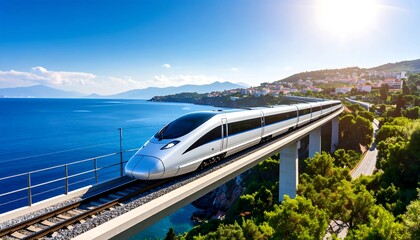 Highspeed train travels scenic route over bridge near sea on a sunny day.