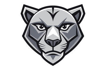 Stylized gray cougar head with intense eyes stares forward intently on a white backdrop