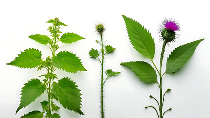 High-quality botanical illustration of nettle, burdock, and horsetail plants on a white background, fresh and natural style, ideal for beauty product packaging.