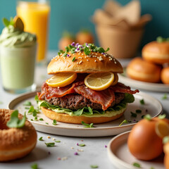 A juicy gourmet burger topped with crispy bacon, fresh lemon slices, and leafy greens on a sesame bun, served with a creamy green shake and surrounded by soft buns and vibrant breakfast treats.
