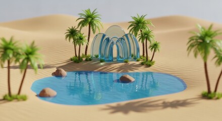 Fototapeta premium Miniature Desert Oasis with Blue Water Pool and Palm Trees in Sandy Landscape