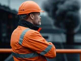 Worker wearing orange safety jacket and helmet stands with arms crossed, observing smoky industrial site, displaying focus and concern for safety and emergency response