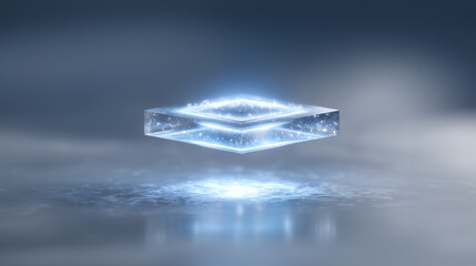 Floating crystal with particle effects representing quantum computing and digital innovation