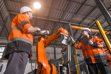 Technician engineer team fix service maintenance inspection robot arm installation in factory.