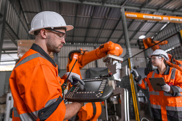 Technician engineer team fix service maintenance inspection robot arm installation in factory.