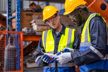 African with American Professional Team Workers in Industry with Safety Uniform and Hard Hat