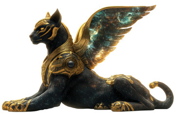 Mythical black sphinx statue with teal-gold wings
