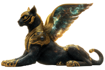 Mythical black sphinx statue with teal-gold wings
