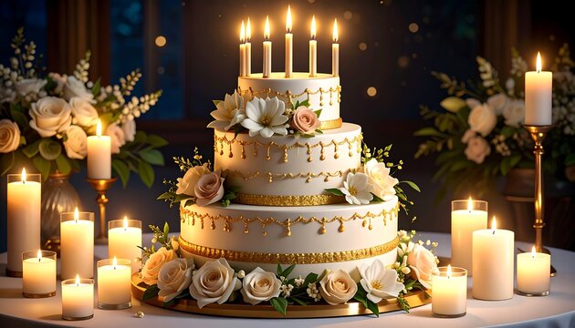 Elegant tiered cake with candles and flowers - Powered by Adobe