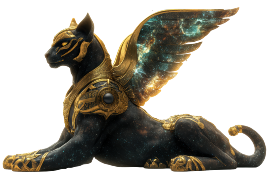 Mythical black sphinx statue with teal-gold wings
