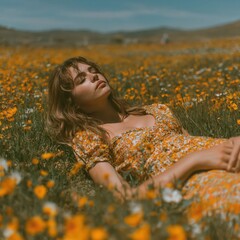 Sunkissed Serenity: Bohemian Woman Embraces Dreamy Summer Vibes in a Vibrant Floral Meadow