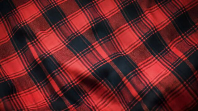 Red and black lumberjack flannel shirt fabric background waving
