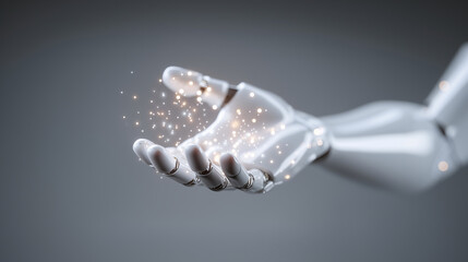 Robotic hand with glowing particles representing artificial intelligence and future technology