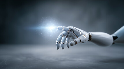 Robotic hand projecting energy beam showcasing artificial intelligence and future technology