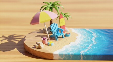 Obraz premium Colorful Miniature Beach Scene with Umbrella Palm Tree and Surfboard