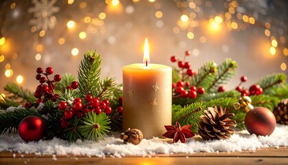 Lit Christmas Candle Surrounded by Festive Decorations  Bokeh Lights.