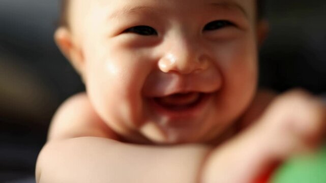 Baby face smile arm stretch skin light emotion child. AI generated