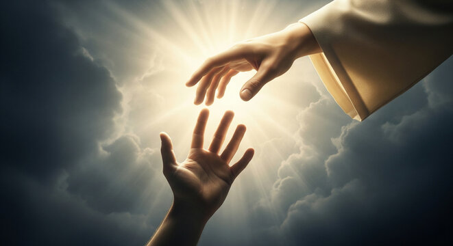 Close-up of Jesus' hand saving a man's hand against the sky. Miracle of saving the life of Jesus Christ, the Son of God, salvation from a sinful life. Christmas, Easter, love, heaven and salvation 
