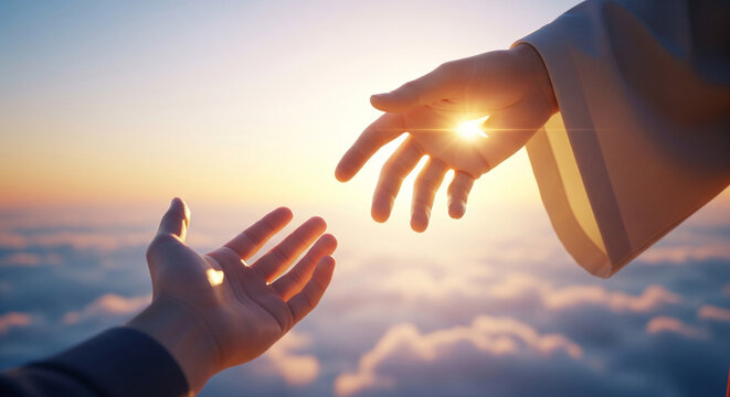 Close-up of Jesus' hand saving a man's hand against the sky. Miracle of saving the life of Jesus Christ, the Son of God, salvation from a sinful life. Christmas, Easter, love, heaven and salvation 