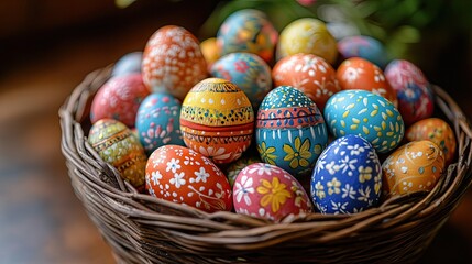 Basket filled with hand-painted Easter eggs | stock photo, colorful, festive holiday decor, close-up detail