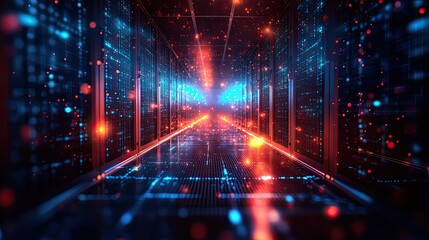 Big data virtual cables concept with network lines, server room glow, and abstract information transfer design