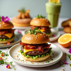 A juicy gourmet burger topped with crispy bacon, fresh lemon slices, and leafy greens on a sesame bun, served with a creamy green shake and surrounded by soft buns and vibrant breakfast treats.
