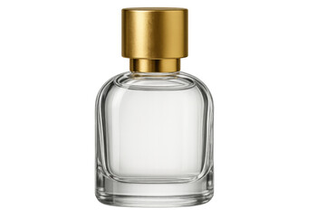 Elegant glass perfume bottle with a gold cap, isolated on a transparent background, ready for your product placement